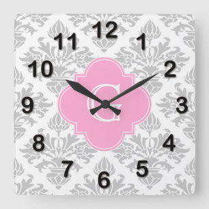 Lg Grått White Blommigt Damask #3 Rosa Monogram-et Fyrkantig Klocka