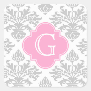 Lg Grått White Blommigt Damask #3 Rosa Monogram-et Fyrkantigt Klistermärke