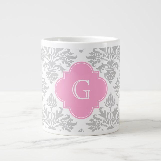 Lg Grått White Blommigt Damask #3 Rosa Monogram-et Jumbo Mugg (Framsidan)