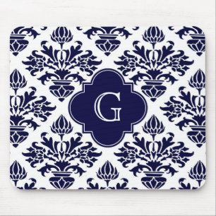 Lg Navy Blu Wht Damask #3 Navy Quatrefoil Monogram Musmatta