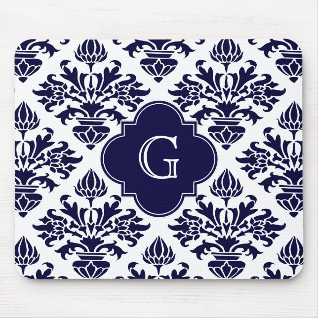Lg Navy Blu Wht Damask #3 Navy Quatrefoil Monogram Musmatta (Framsidan)
