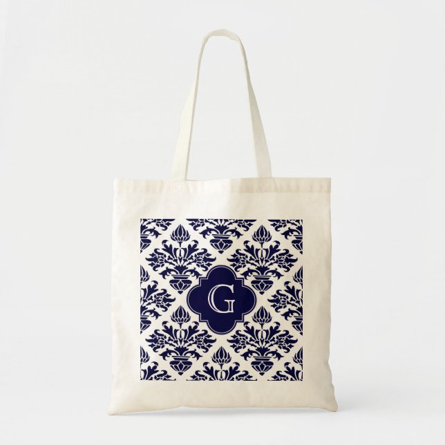 Lg Navy Blu Wht Damask #3 Navy Quatrefoil Monogram Tygkasse (Framsidan)