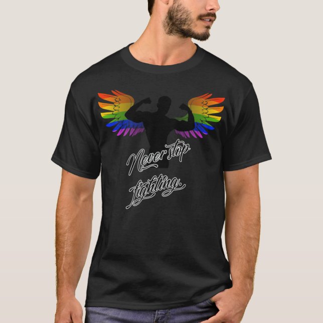 LGBT Angel upphör aldrig att bekämpa Gay pride Vin T Shirt (Framsida)