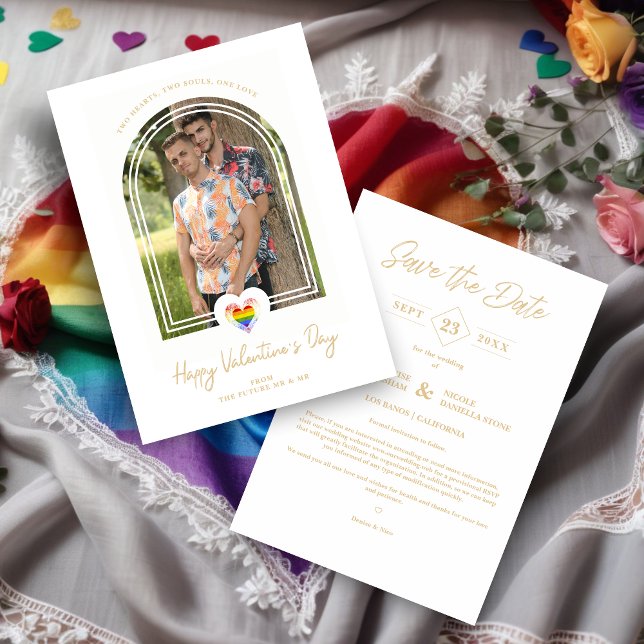 LGBT Arch Effect Pride Heart Happy Valentine's Day Spara Datumet (LGBT Arch Effect Cute Pride Heart Happy Valentine's Day Photo Save the Date Card with Envelope. )