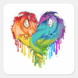 Lgbt Dragon Heart Rainbow Heart Dragon Lgbt Pride Fyrkantigt Klistermärke