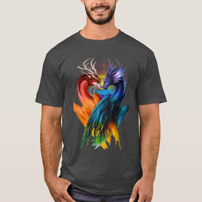 LGBT Dragon Heart Rainbow Heart Dragon LGBT T T Shirt (Framsida)