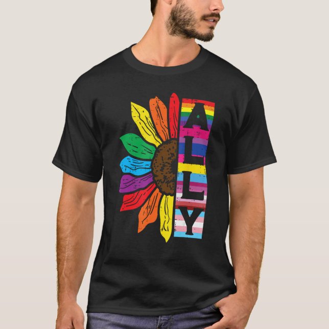 Lgbt Gay Ally Sunflower Rainbow Pride Flag Men Wom T Shirt (Framsida)