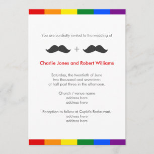 LGBT Gay Wedand Mustacher Rainbow Inbjudningar