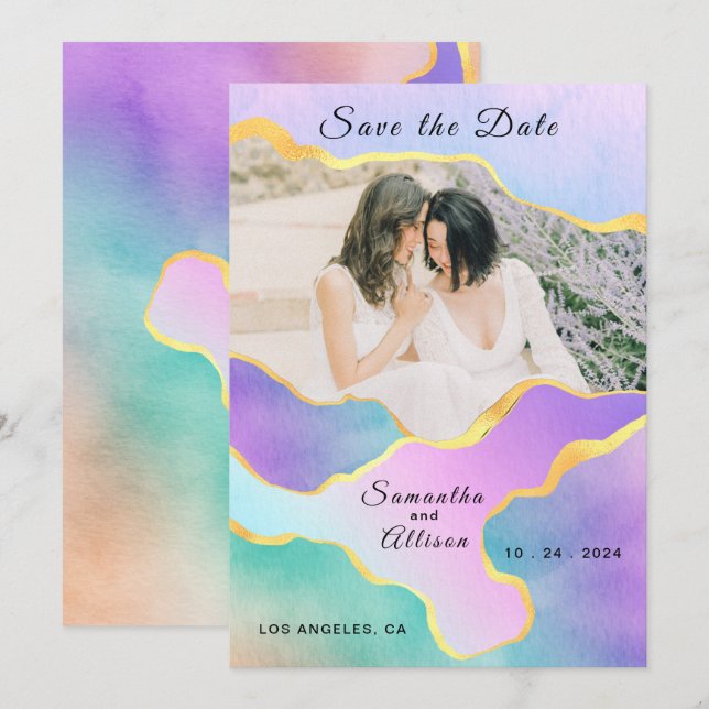 LGBT Guld Rainbow Bröllop Photo Save Date Inbjudningar (Fram/baksida)
