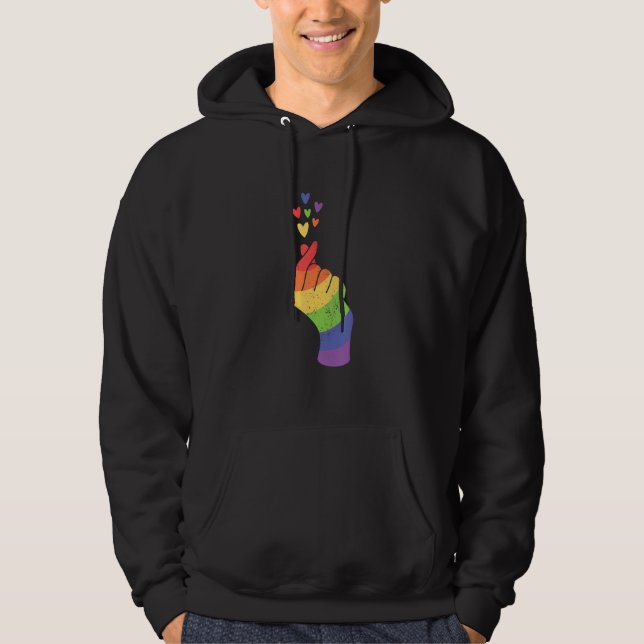 LGBT Pride Equality LGBTQ Hand Heart Rainbow Gay L Hoodie (Framsida)