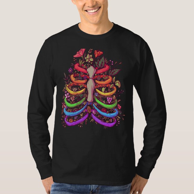 Lgbt Pride Flower Rib Cage Rainbow Skeleton Xray T Shirt (Framsida)