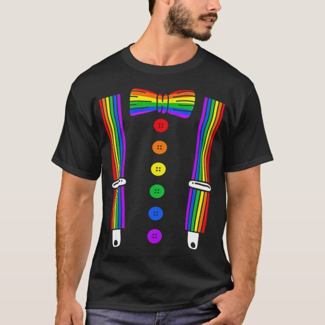 LGBT Pride Gay Rainbow Tuxedo Suspenders T-standa T Shirt (Framsida)