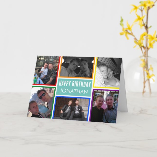 LGBT Rainbow Grattis på födelsedagen Photo Collage Kort (Gul blomma)