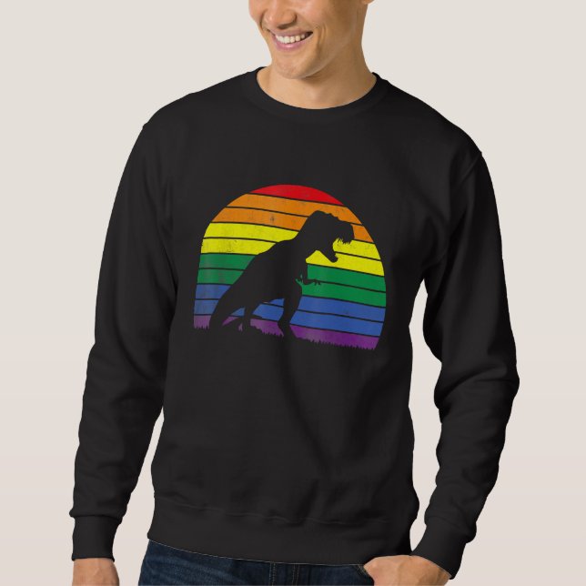 LGBT Rex Gay Pride Lesbian Dinosaur Sunset Retro V Lång Ärmad Tröja (Framsida)