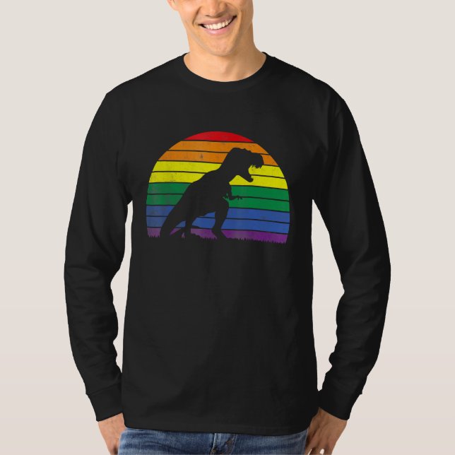 LGBT Rex Gay Pride Lesbian Dinosaur Sunset Retro V T Shirt (Framsida)