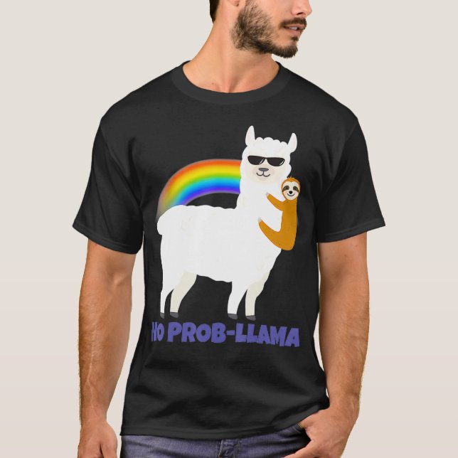 LGBT Sloth Riding Llama Rainbow Alpaca No Prob T Shirt (Framsida)