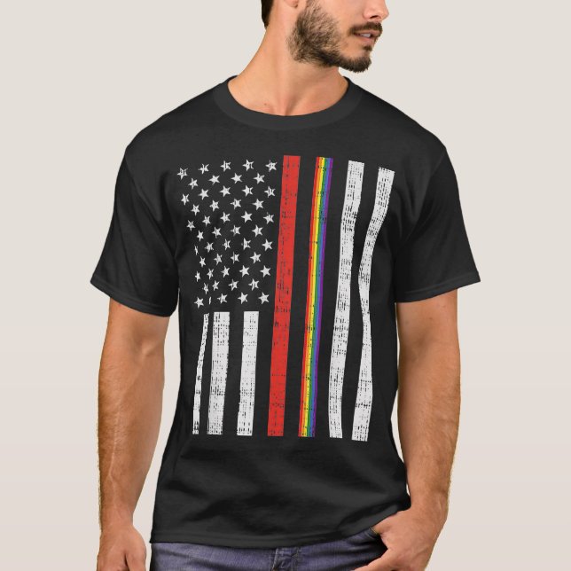 LGBT Thin Red Line Rainbow America Flagga Gay Fire T Shirt (Framsida)