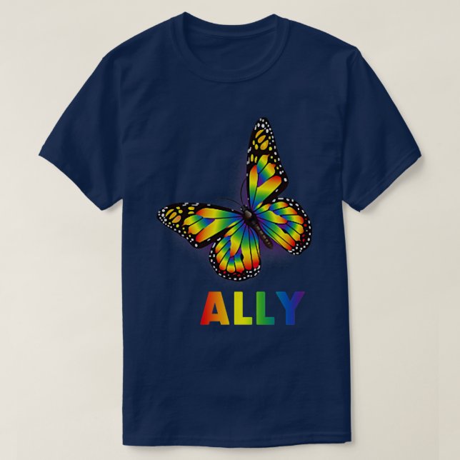 LGBTQ+ Ally Rainbow Flag Butterfly Design Pride  T Shirt (Design framsida)