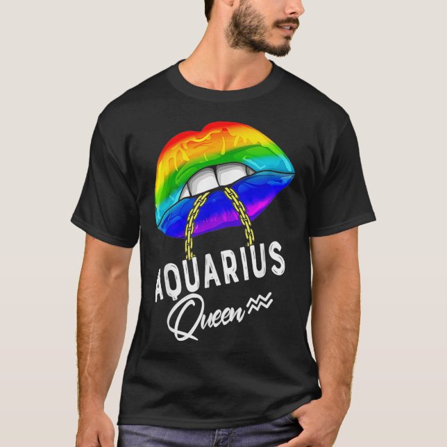 LGBTQ Aquarius Queen Läppar Zodiac Rainbow Gay pri T Shirt (Framsida)