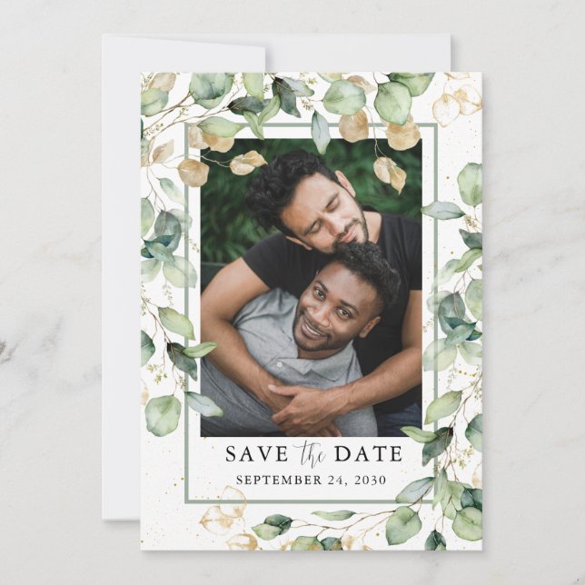 LGBTQ Eucalyptus Guld Photo Save Date Spara Datumet (Framsida)