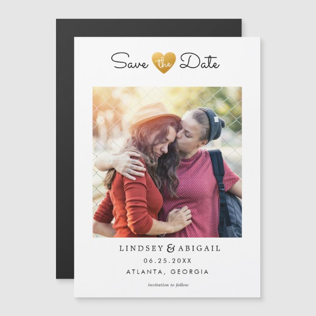LGBTQ Guld Heart Spara datumet med foto Magnetisk Inbjudningskort (Fram/baksida)