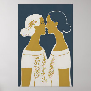 LGBTQ Linje Konsttryck Två Kvinnor Kyssar, Minimal Poster