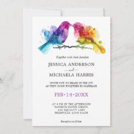 🌈 LGBTQ Rainbow Lovebird bröllop Inbjudningar