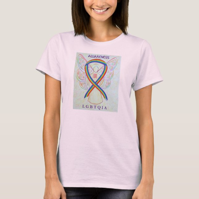 LGBTQIA Rainbow Awareness Ribbon Angel T-Shirts (Framsida)