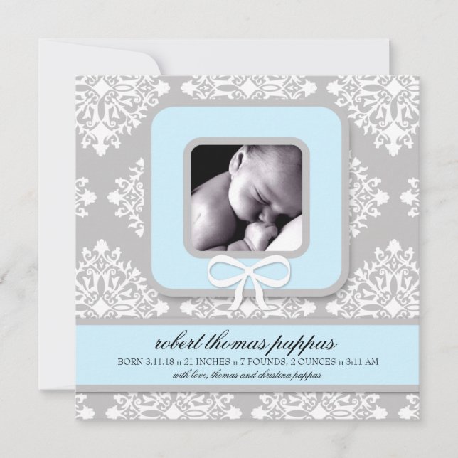 LGC | Grått & Blue Damask Boy-meddelande Meddelande (Framsida)