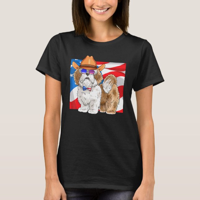 Lhasa Apso 4 juli Patriotic American Flagga T Shirt (Framsida)