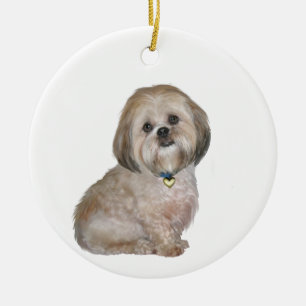 Lhasa Apso (A) - guldgrädde/grädde Julgransprydnad Keramik