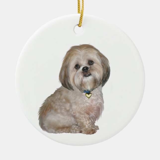Lhasa Apso (A) - gyllene / kräm Julgransprydnad Keramik (Framsidan)