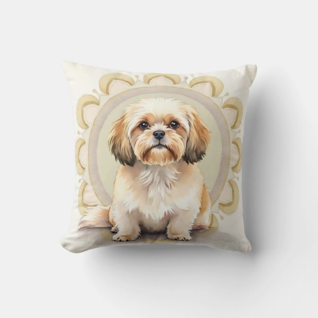 Lhasa Apso Akvarell Mandala Cirkel Konst Kudde (Framsida)