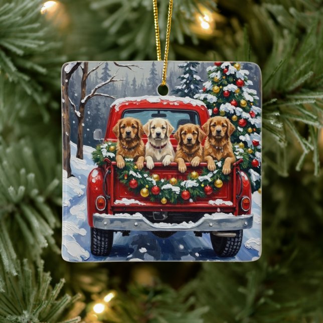 Lhasa Apso Christmas Red Truck Holiday Julgransprydnad Keramik (Träd)
