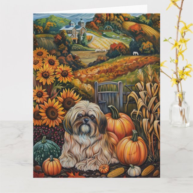 Lhasa Apso Hund Autumn Harvest Thanksgiving Kort (Gul blomma)