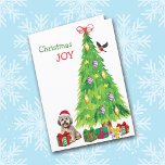 Lhasa Apso Hund, Bird and Julgran Helgkort<br><div class="desc">På framsidan av detta julkort bär en ynklig liten Lhasa Apso en röd och vit Jultomten-hatt medan han sitter bredvid en Helgdag träd. Paket som har en lätt inslagen gåva är utspridd och en tjurfäktning landar på Julgran. I den röda och grönt texten står det "Jul JOY". Insidan är stiliserad...</div>