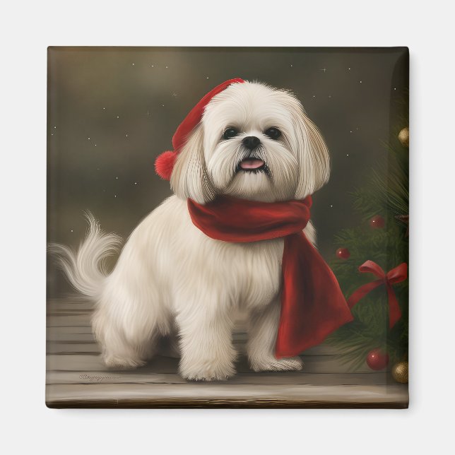 Lhasa Apso Hund i Snö jul Magnet (Framsidan)