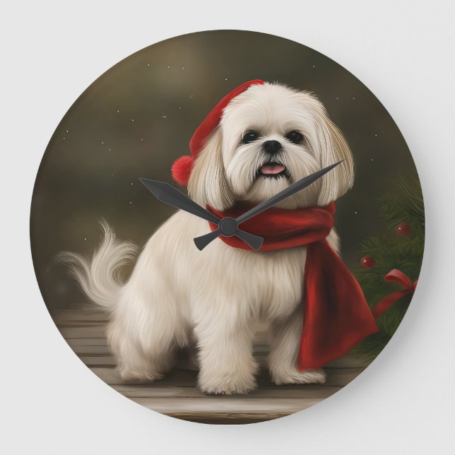 Lhasa Apso Hund i Snö jul Stor Klocka (Framsida)