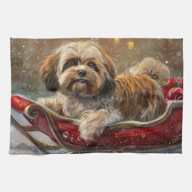 Lhasa Apso Hund Jul Festivitet Kökshandduk (Horisontell)