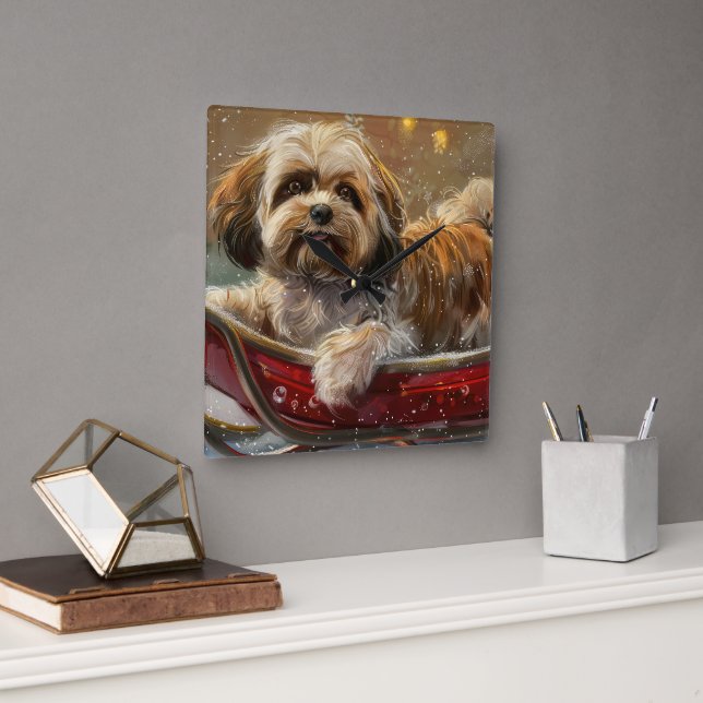 Lhasa Apso Hund Jul Festlig Fyrkantig Klocka (Kontor)