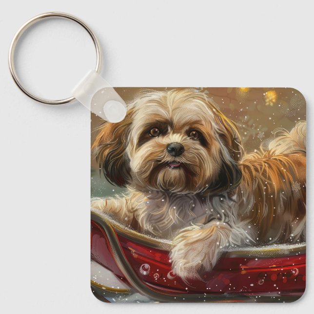 Lhasa Apso Hund Jul Festlig Nyckelring (Framsida)