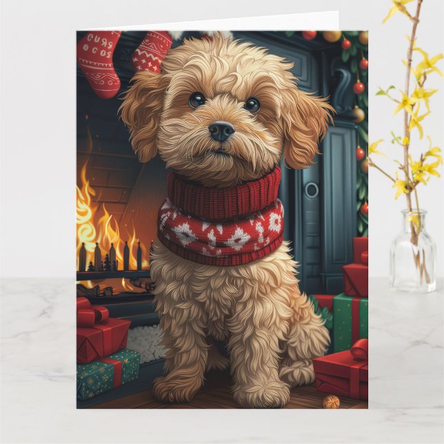 Lhasa Apso Hund Med Julpresenter Öppen Spis Kort (Gul blomma)