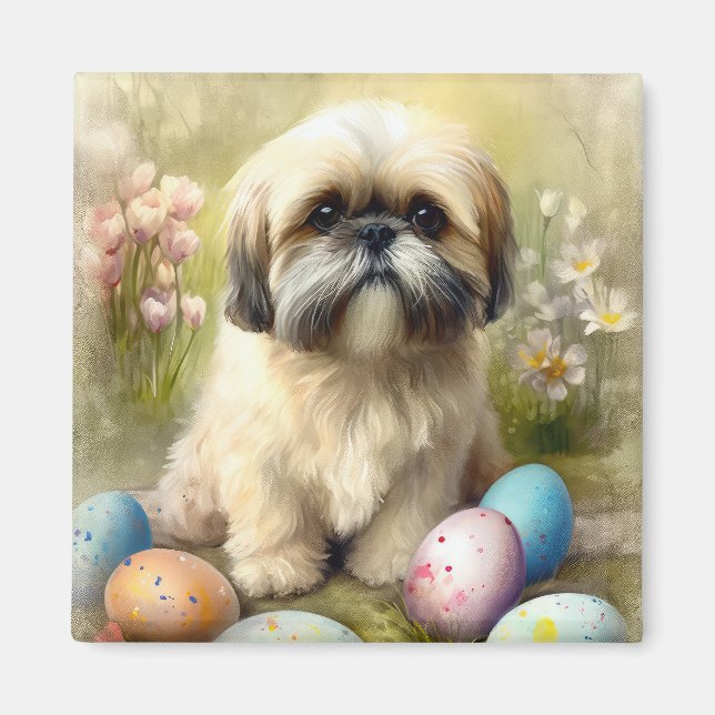 Lhasa Apso-Hund med Påskägg Helgdag Magnet (Framsidan)