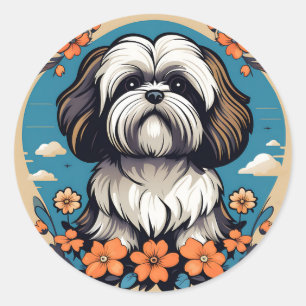 Lhasa Apso Hund Porträtt med blommor Runt Klistermärke