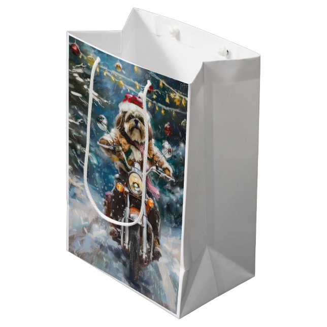 Lhasa Apso Hund Riding Motorcykel jul (Framsidan Vinklad)