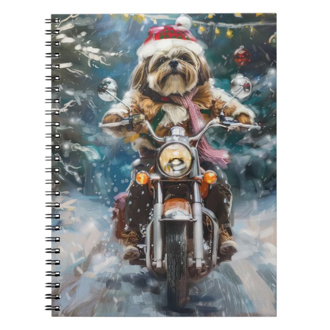 Lhasa Apso Hund Riding Motorcykel jul Anteckningsbok (Framsidan)