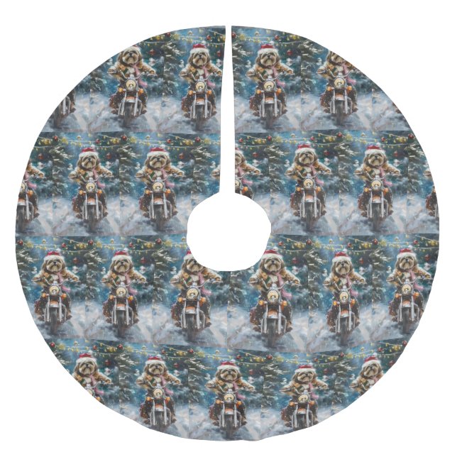 Lhasa Apso Hund Riding Motorcykel jul Julgransmatta Borstad Polyester (Framsidan)