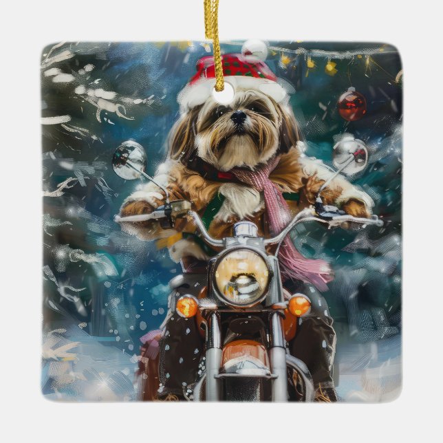 Lhasa Apso Hund Riding Motorcykel jul Julgransprydnad Keramik (Framsida)