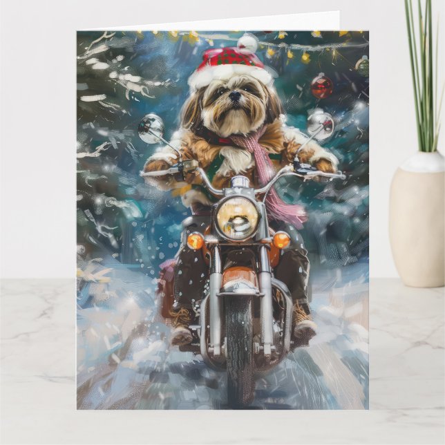 Lhasa Apso Hund Riding Motorcykel jul Kort (Framsida)