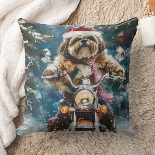 Lhasa Apso Hund Riding Motorcykel jul Kudde (Filt)